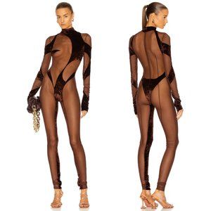 NEW LaQuan Smith Abstract Catsuit Chocolate Brown Sheer Long Sleeve Jumpsuit M